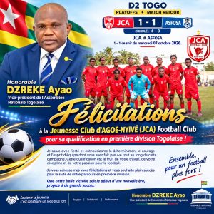 Togo| Qualification en première division de la JCA : Les félicitations de l&rsquo;honorable Ayao Gaston DZREKE au club de sa communauté